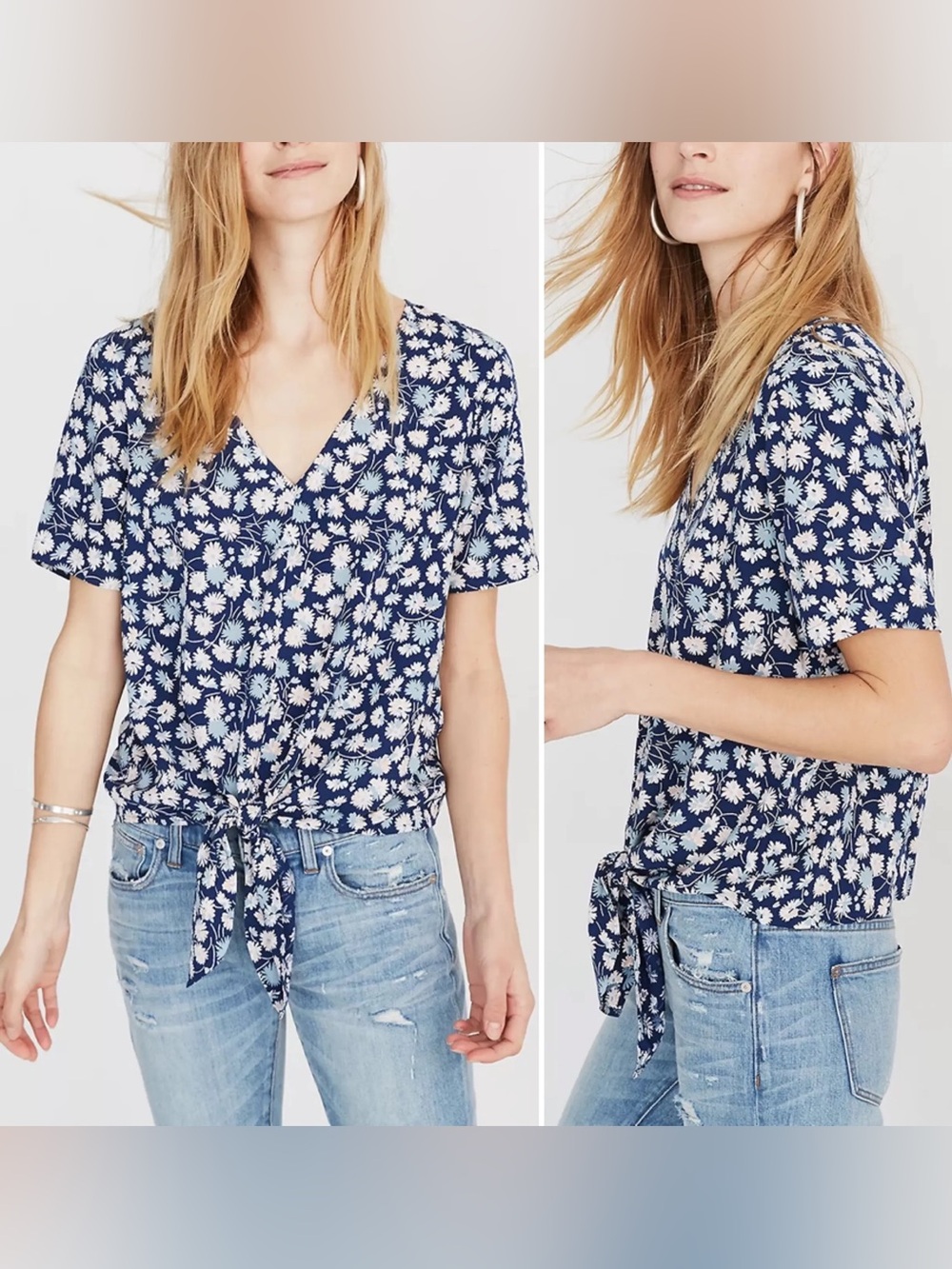Madewell Navy Floral V-Neck Tie-Front Tee